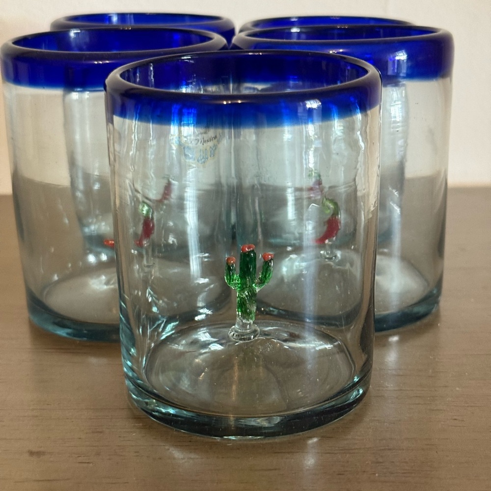 Set of 5 Blue Rimmed Margarita Glasses with Glass Art
